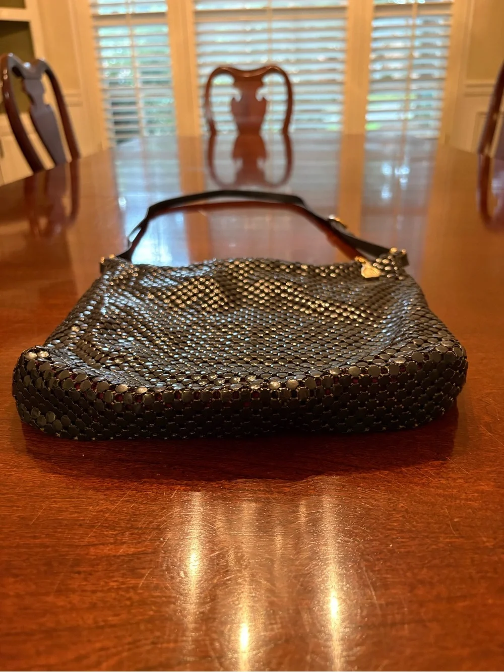 Whiting and Davis Navy Blue Metal Mesh with Leather Strap Crossbody Shoulder Bag